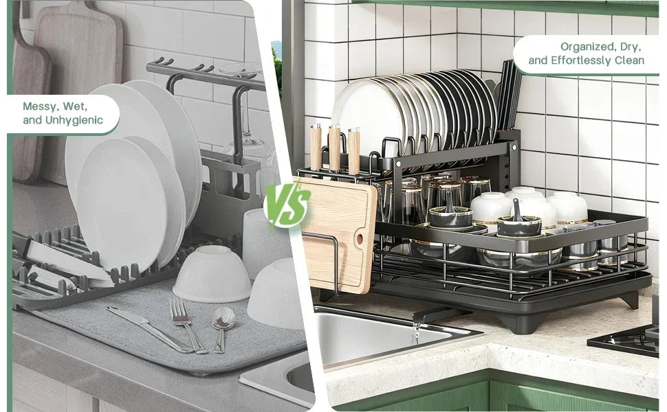 Dish rack comparison showing a messy, wet, and unhygienic state versus an organized, dry, and effortlessly clean state.