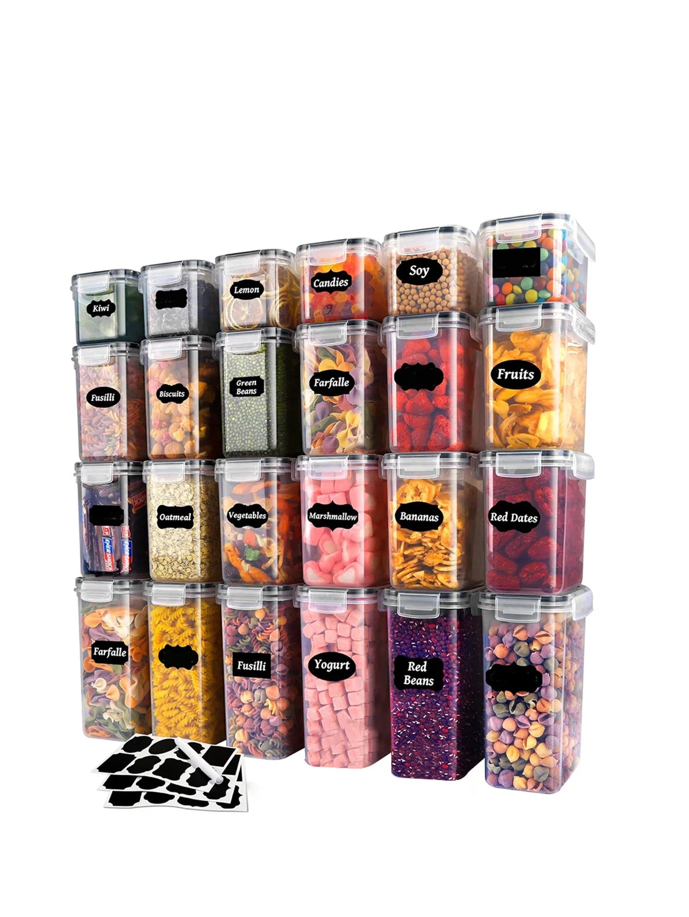 Set of storage containers with labels on a white background