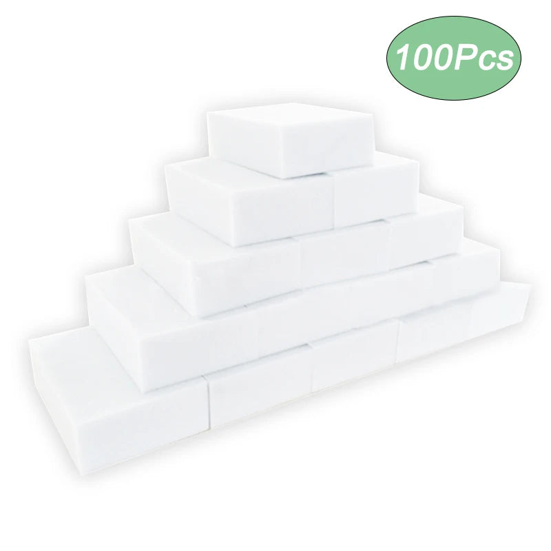 Stack of white boxes with a green label indicating 100 pieces on a white background