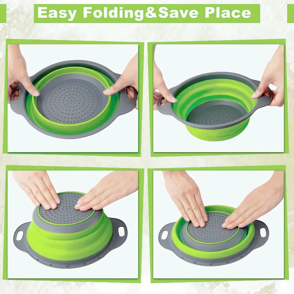 Collapsible colander being folded and expanded with text 'Easy Folding & Save Place' on a light background.