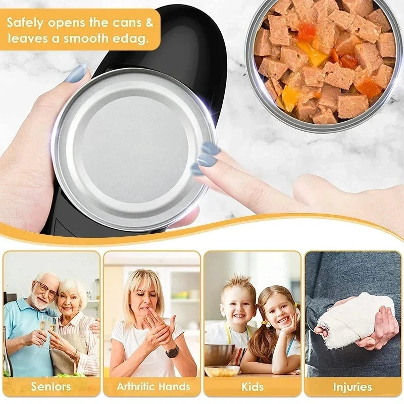 A product demonstration graphic showing a black can opener being used to open a metal can, with a bowl of wet cat food in the upper right. The top section has a text callout and a marble background, while the bottom features four smaller lifestyle panels showing people and a hand with a bandage, labeled 'Seniors', 'Arthritic Hands', 'Kids', and 'Injuries'.