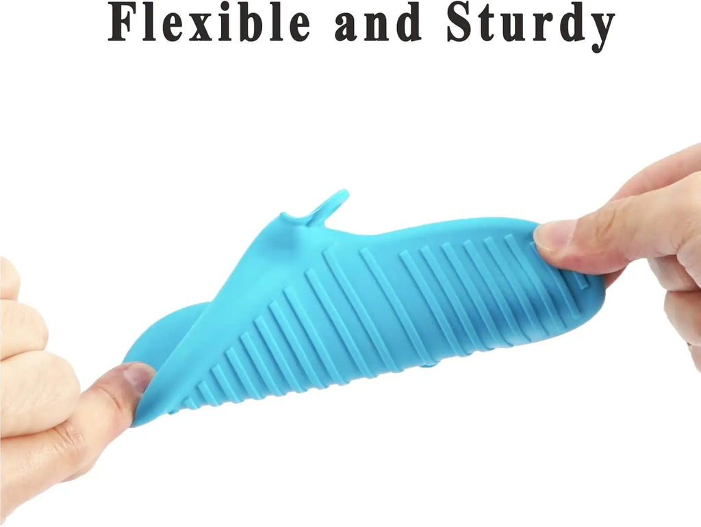 Blue silicone glove being stretched by hands with text 'Flexible and Sturdy' above.