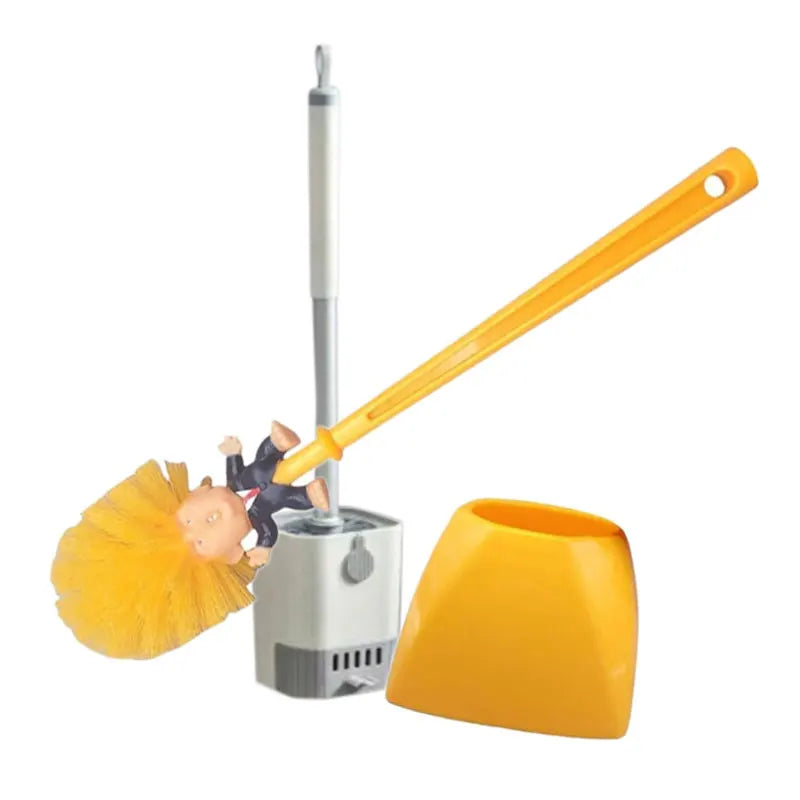 A yellow and gray electric floor cleaner set with a long yellow handle, a gray cleaning head, a yellow duster brush, and a yellow base, shown on a plain white background.