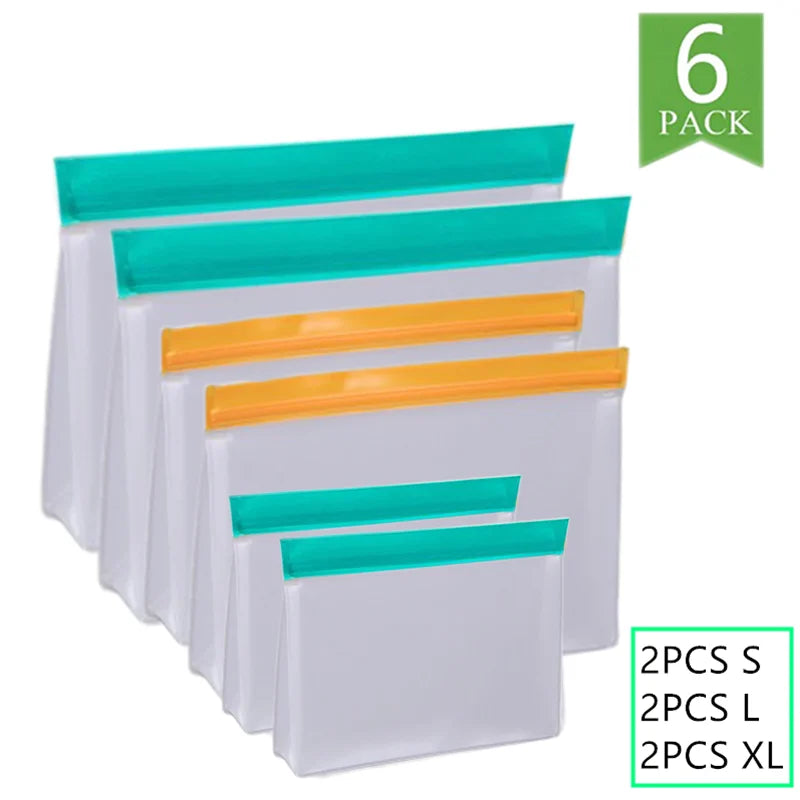 Set of six clear plastic bags with colorful zippers on a white background