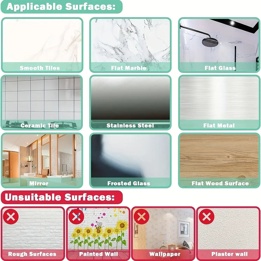 Chart showing applicable and unsuitable surfaces for a product, including tiles, marble, glass, metal, wood, and more.