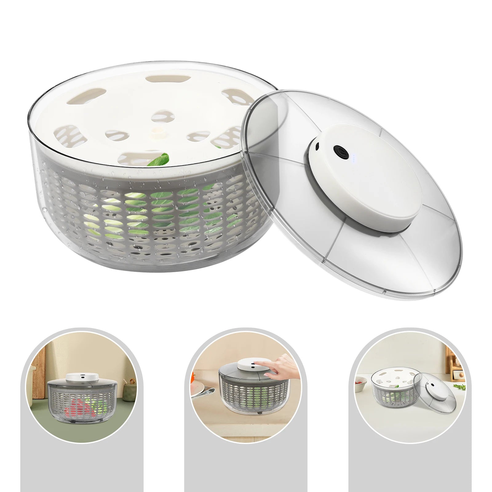 A clear plastic salad spinner with a white lid and white inner basket, shown open on a white background, with three small circular inset photos at the bottom demonstrating use in a kitchen setting.