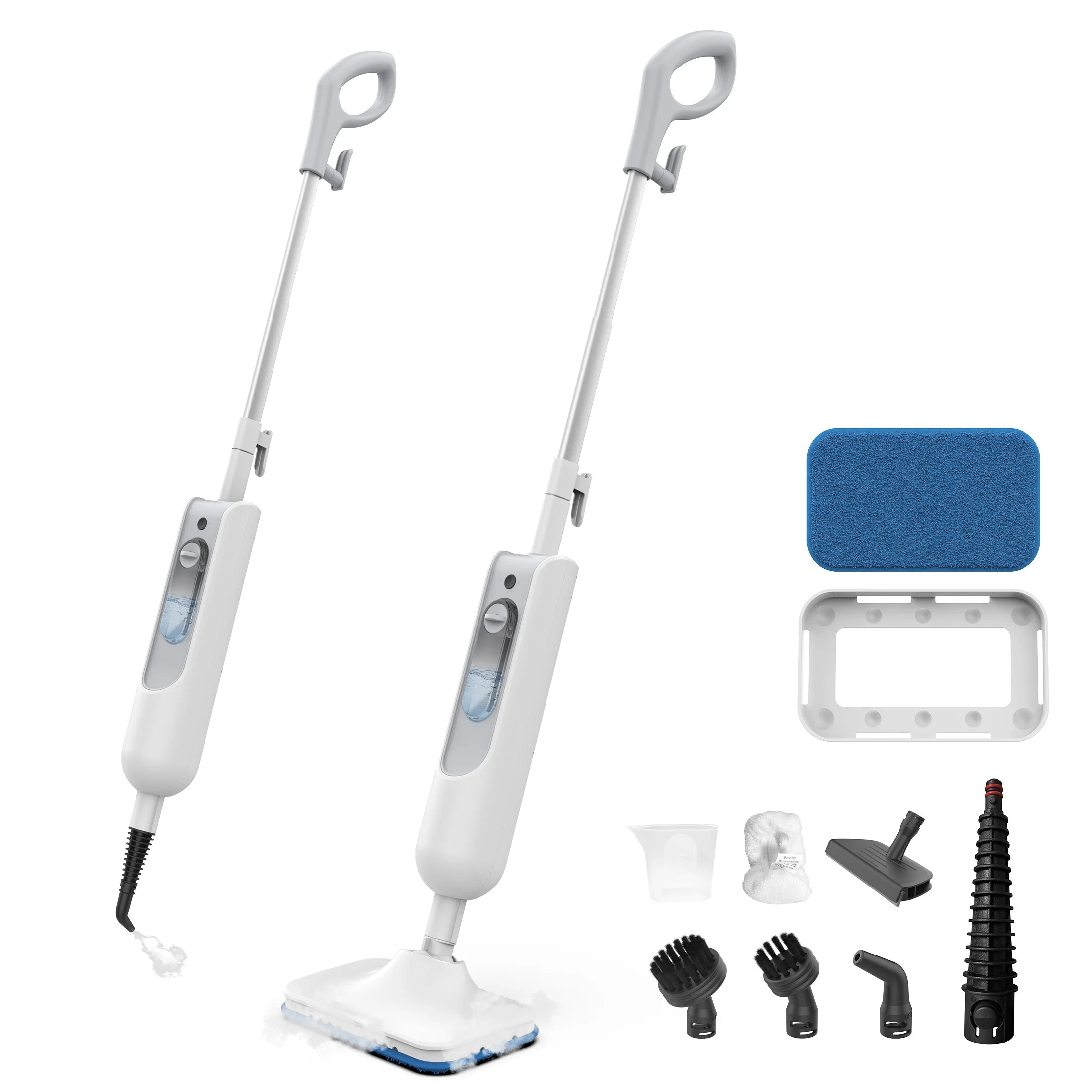 White steam cleaner with attachments on a white background