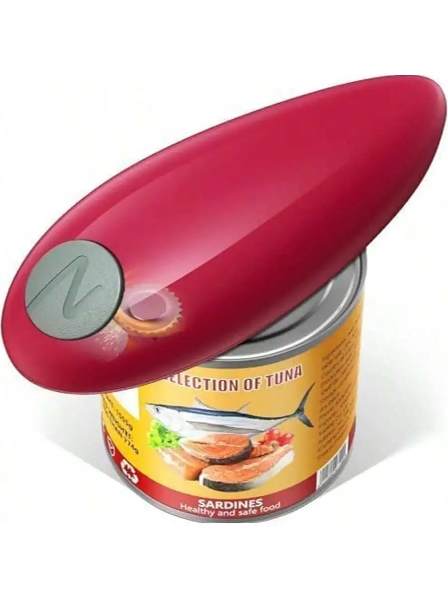 Red can opener on a can of sardines with a white background