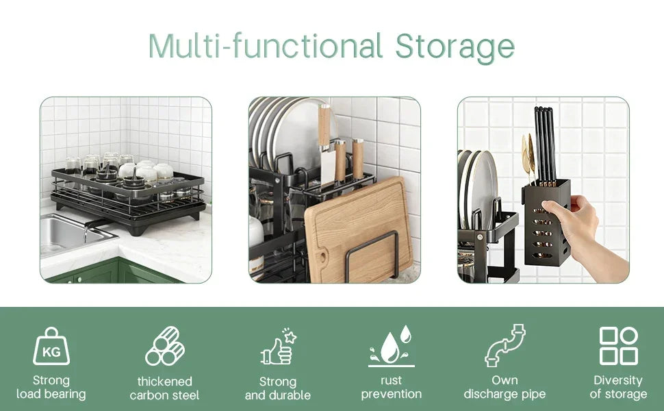 Multi-functional kitchen storage solutions with text highlighting features on a white background.