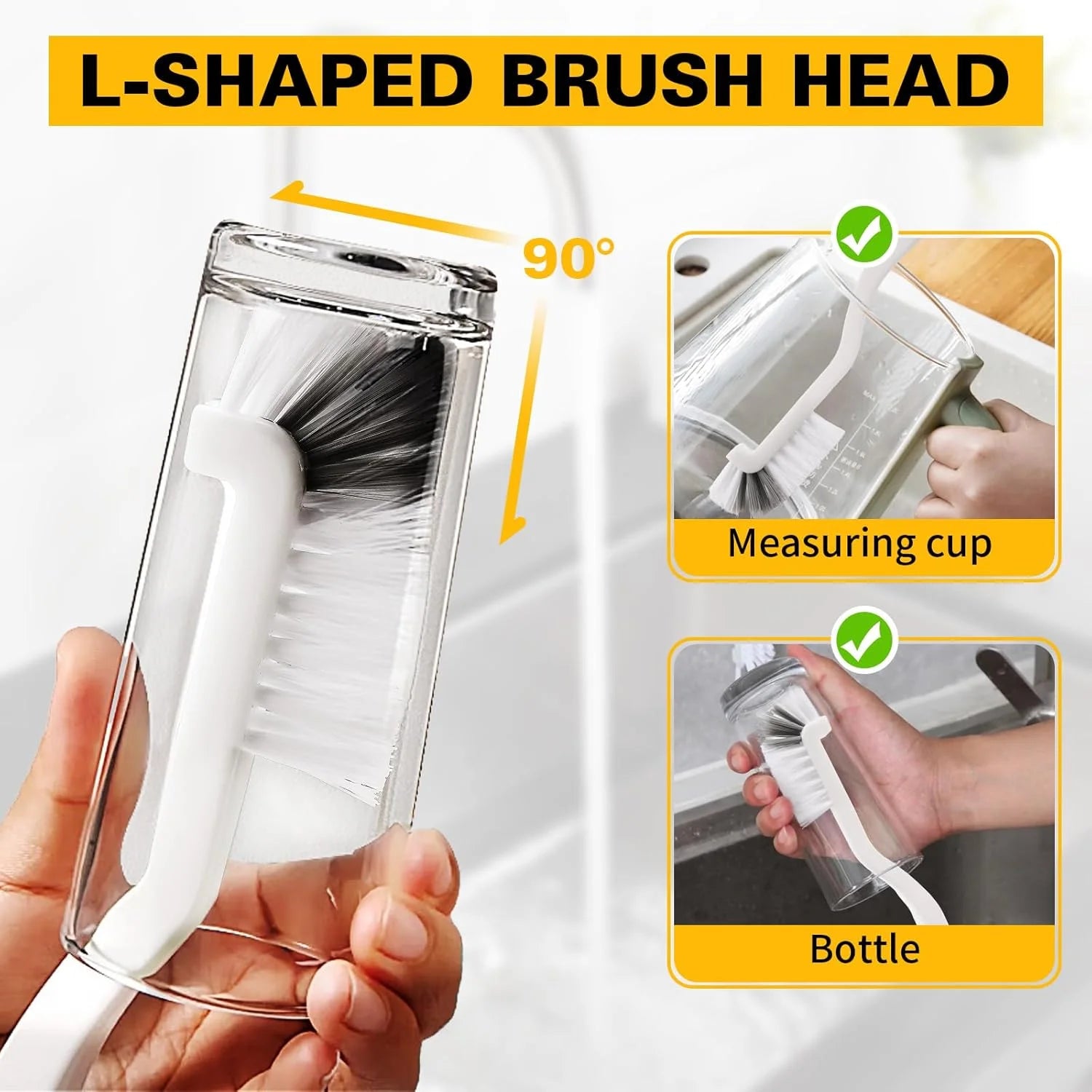 L-shaped brush head with measuring cup and bottle features on a white background