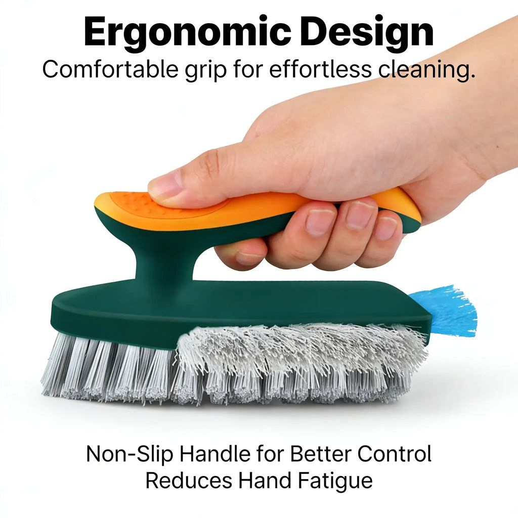 Cleaning brush with ergonomic handle held by a hand on a white background