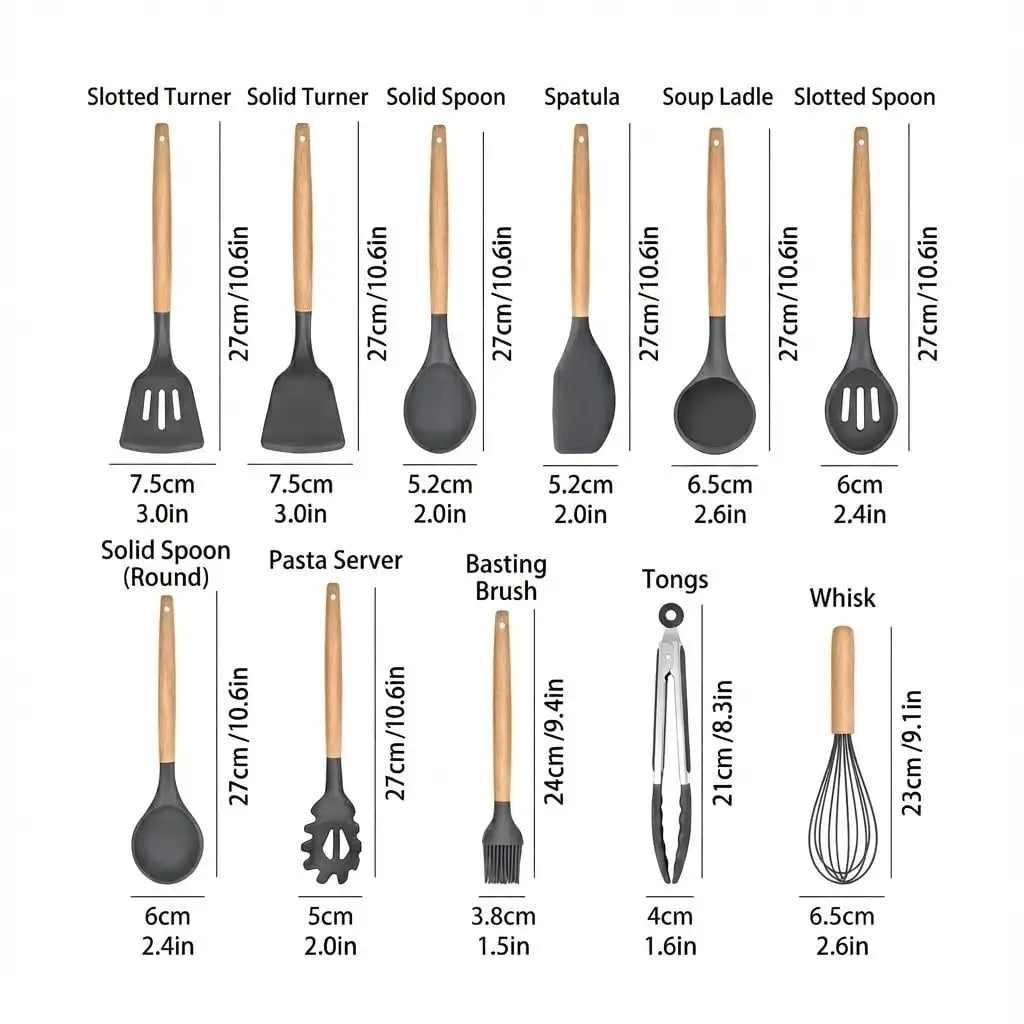 Set of kitchen utensils with measurements on a white background