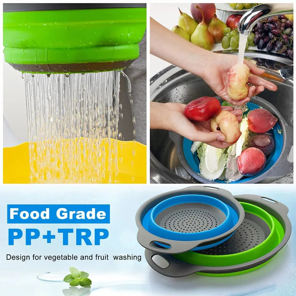 Collapsible colander being used to wash vegetables and fruits with text indicating food-grade material.