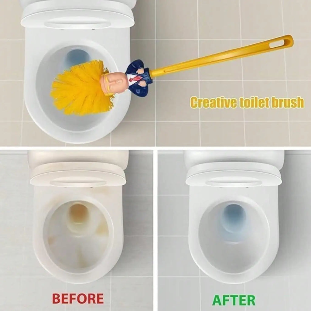 Toilet brush cleaning a toilet with 'Before' and 'After' comparisons.