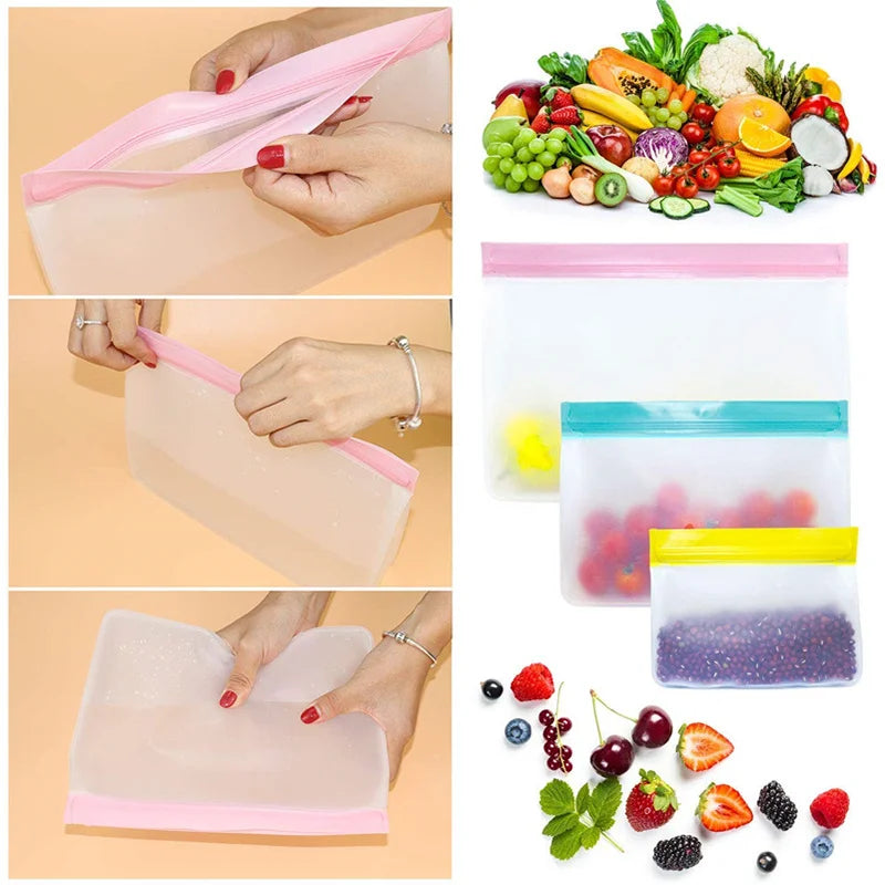 Collage of reusable silicone food storage bags with fruits and vegetables.