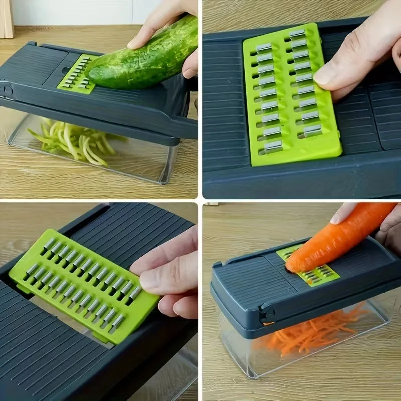 Multifunctional vegetable slicer cutting cucumber and carrot on a wooden surface.