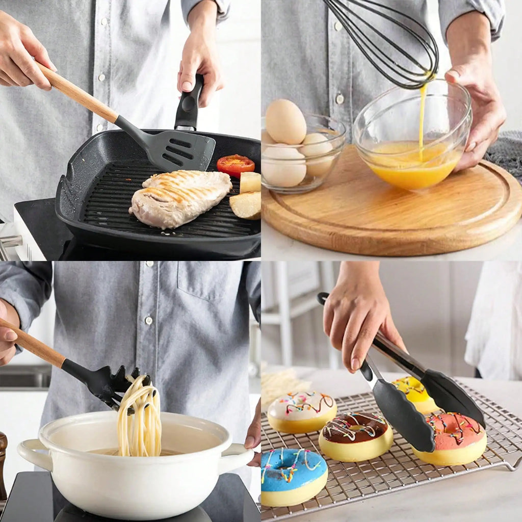 Collage of cooking activities including frying, whisking, serving pasta, and baking donuts.