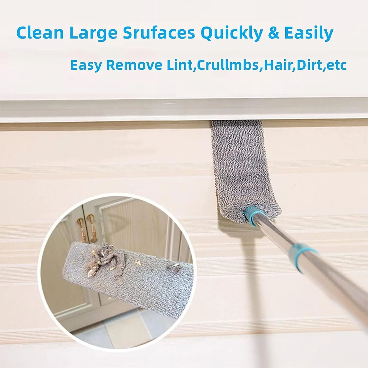 Cleaning tool with a telescopic handle and bristle head cleaning a surface.