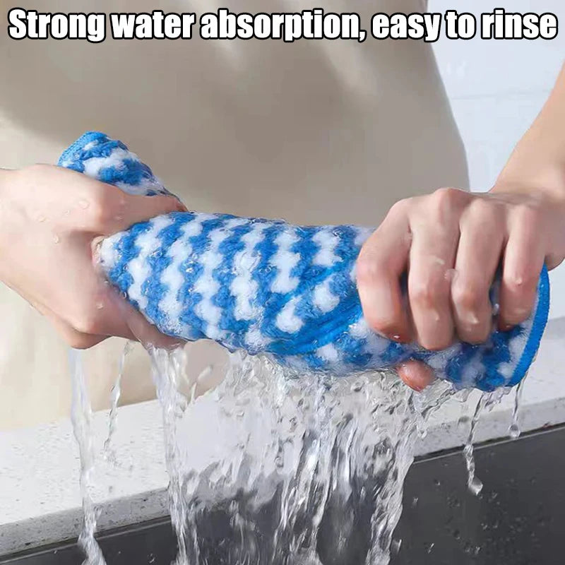 Blue and white striped sponge being squeezed over a sink with water flowing out, text 'Strong water absorption, easy to rinse' above.
