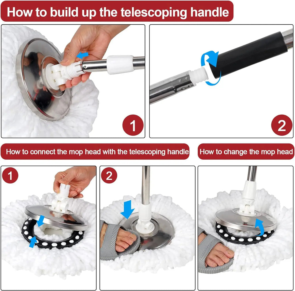 Step-by-step guide on how to use a telescoping handle mop with images and text instructions.