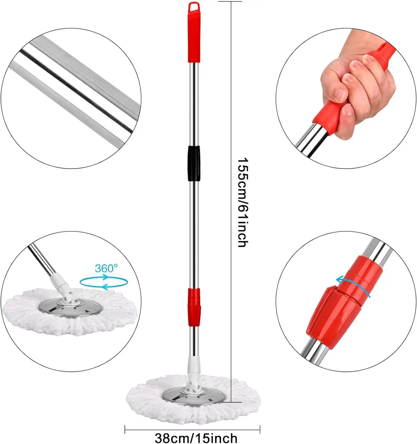 Red and silver mop with detailed features and measurements on a white background