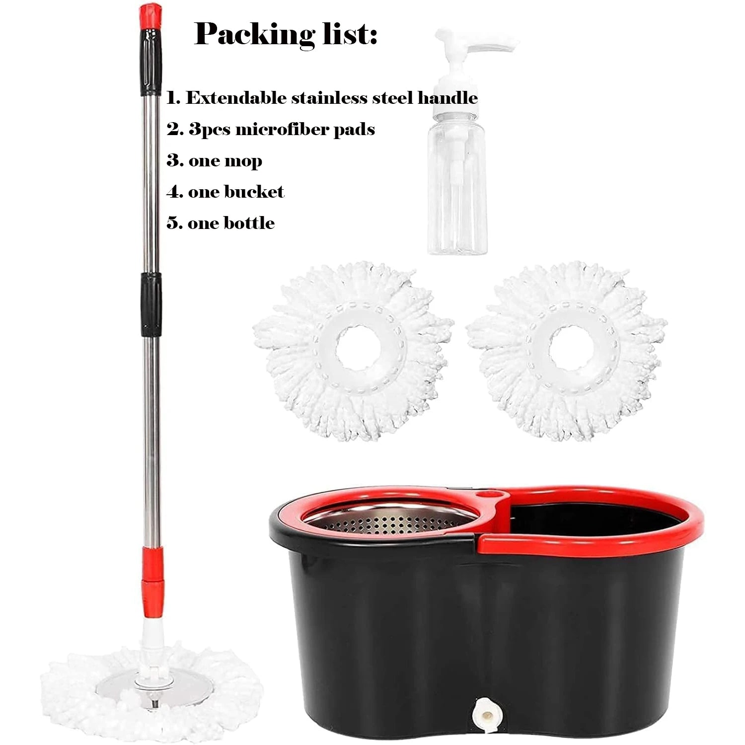 Mop and bucket set with extendable handle, microfiber pads, and cleaning solution bottle on a white background.