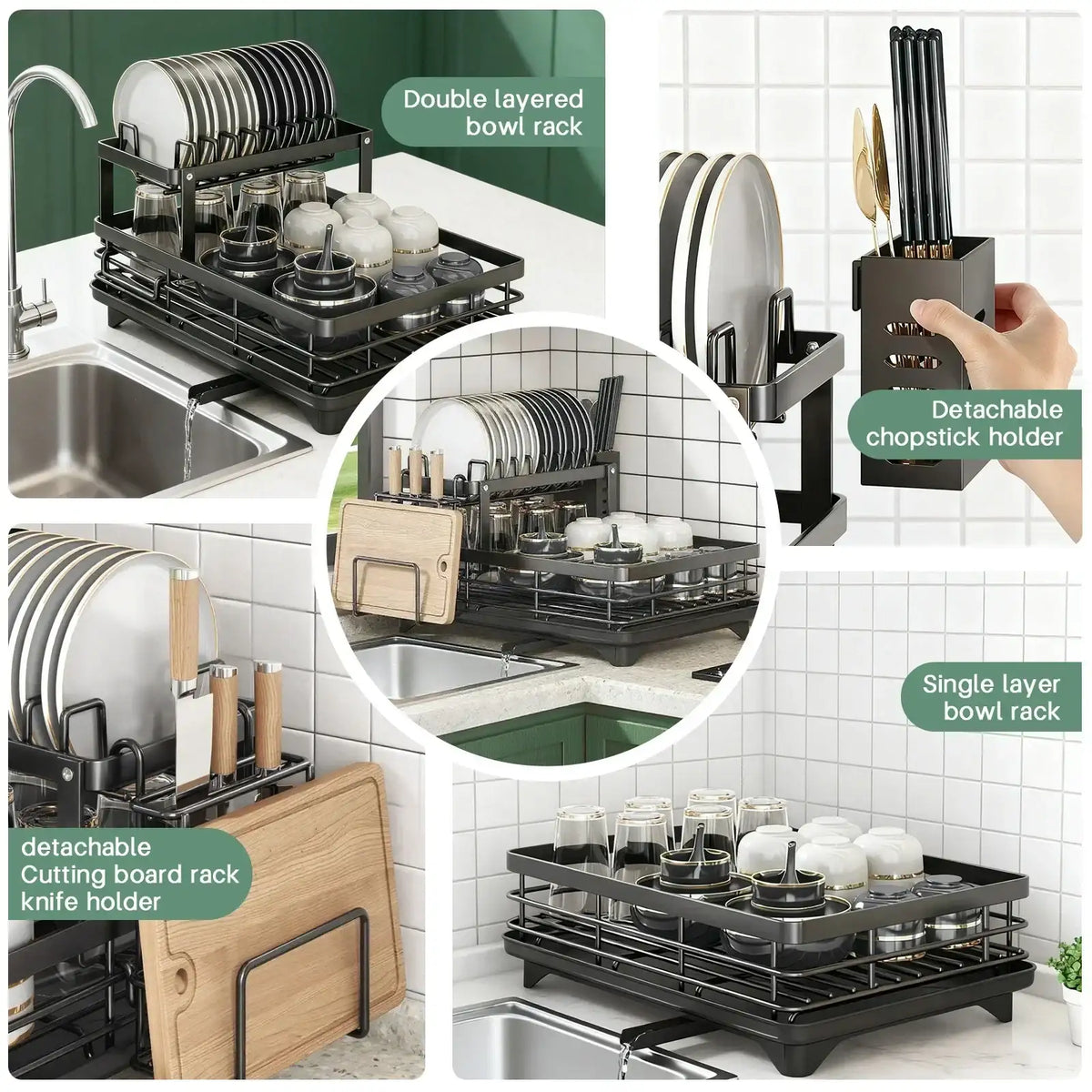Collage of a kitchen dish rack with various features and uses.