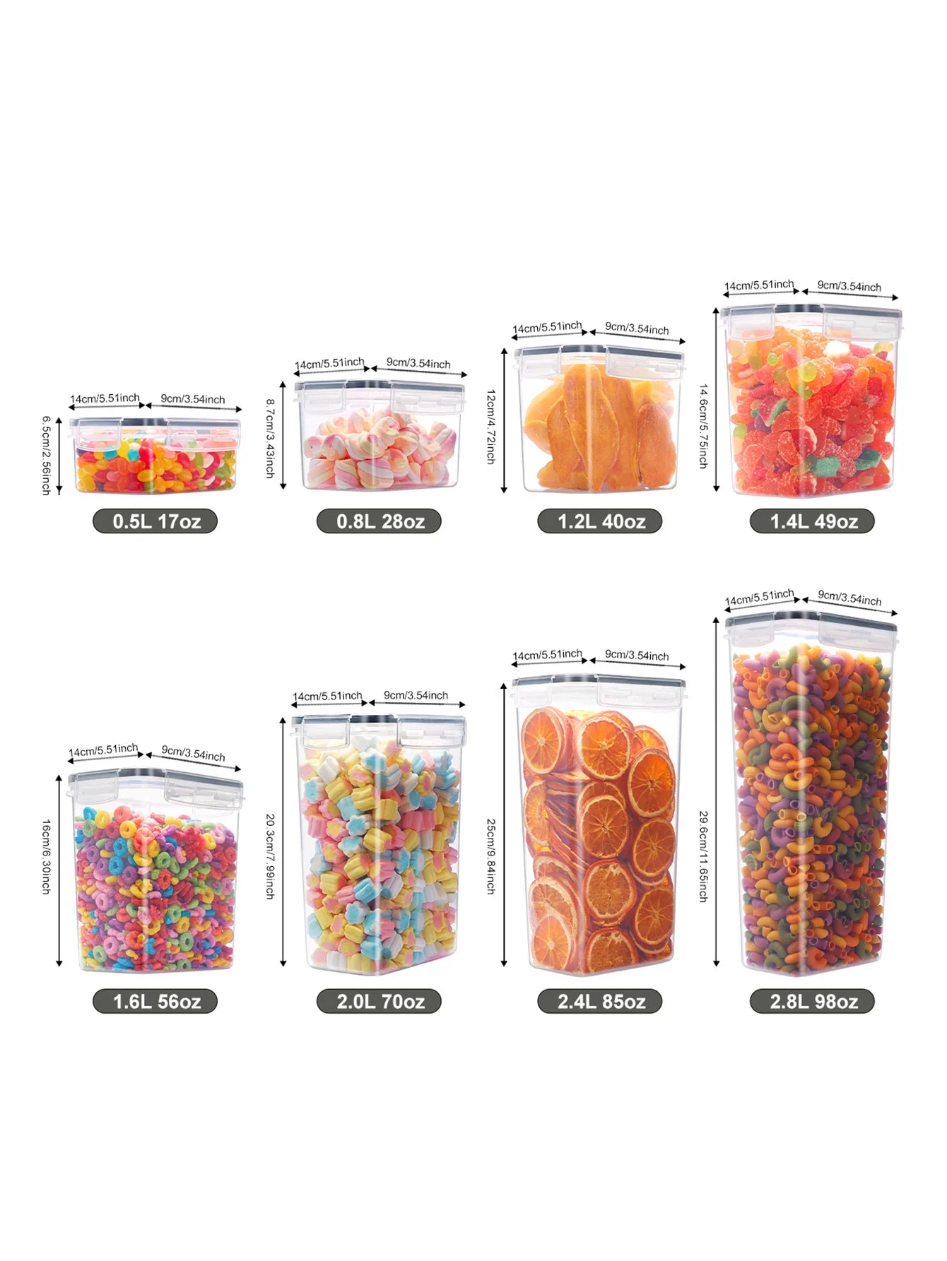 Set of clear plastic bags with different contents and sizes on a white background
