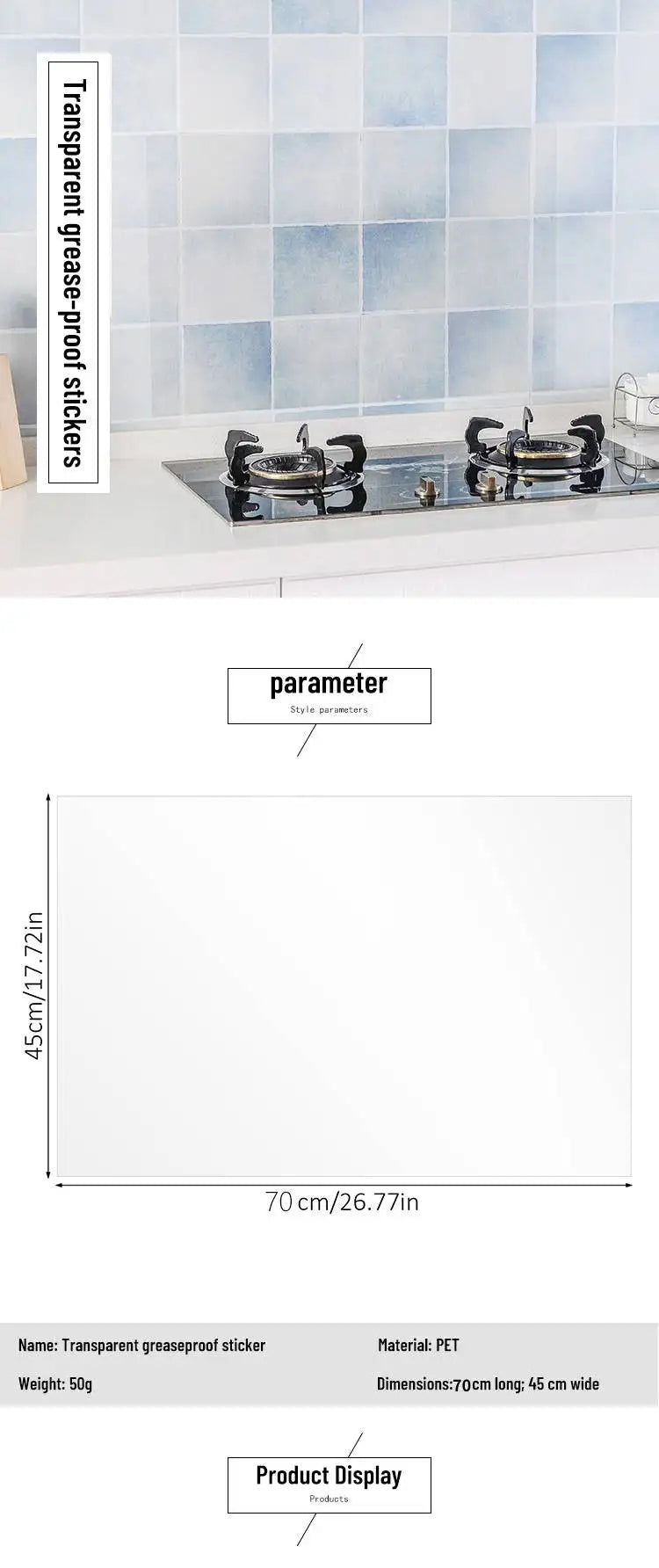 Transparent glass peel and stick backsplash with measurements and product details.