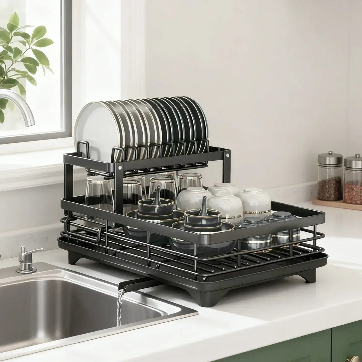 Black dish rack with dishes on a kitchen counter next to a sink