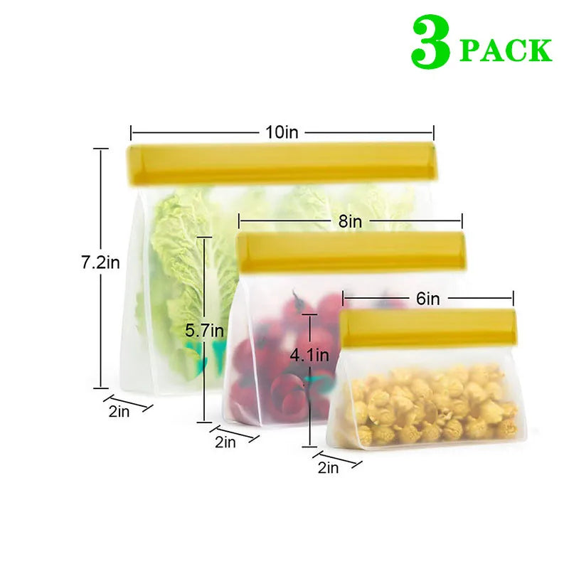 Three yellow zipper bags with measurements and contents displayed on a white background.