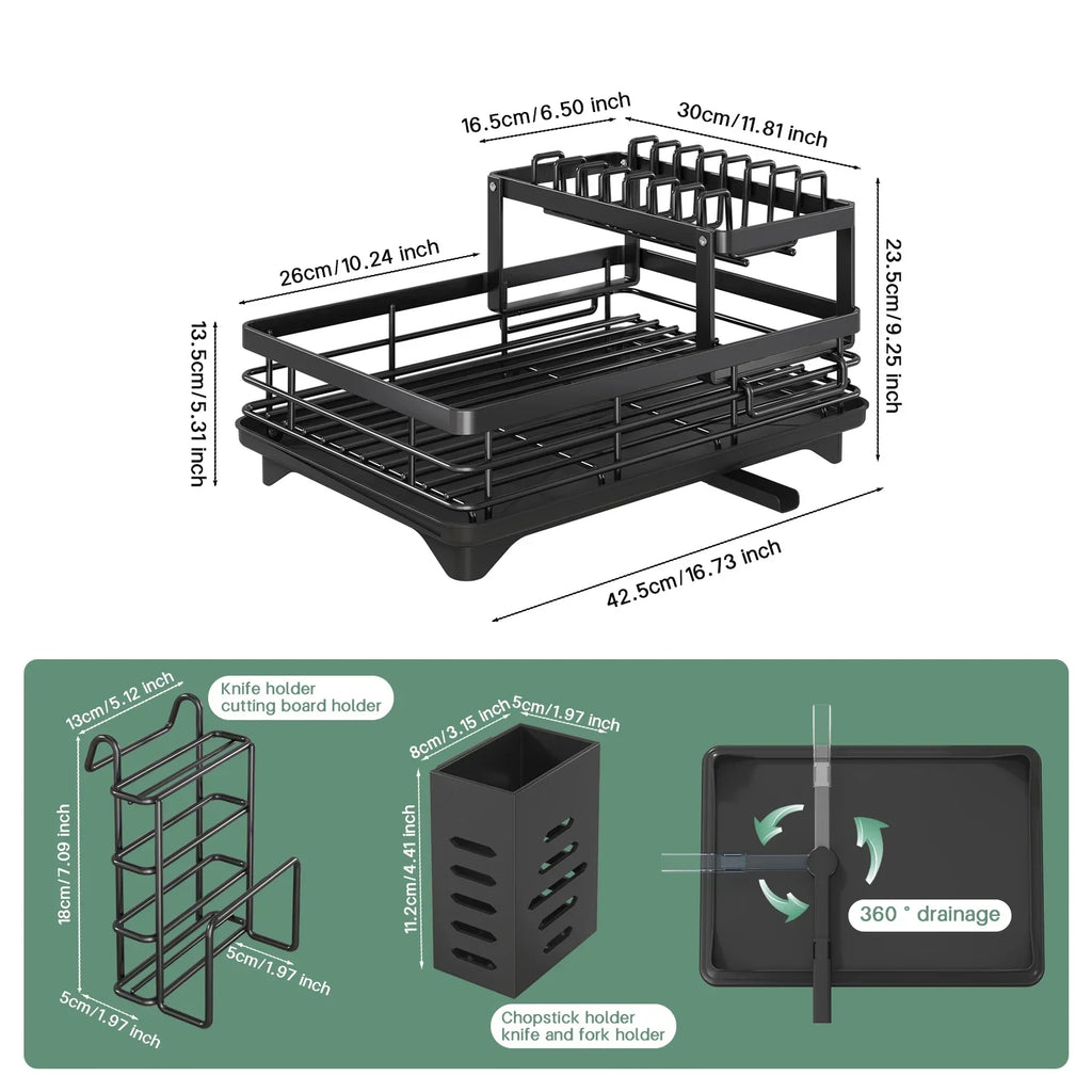 Black dish rack with dimensions and feature illustrations on a white background