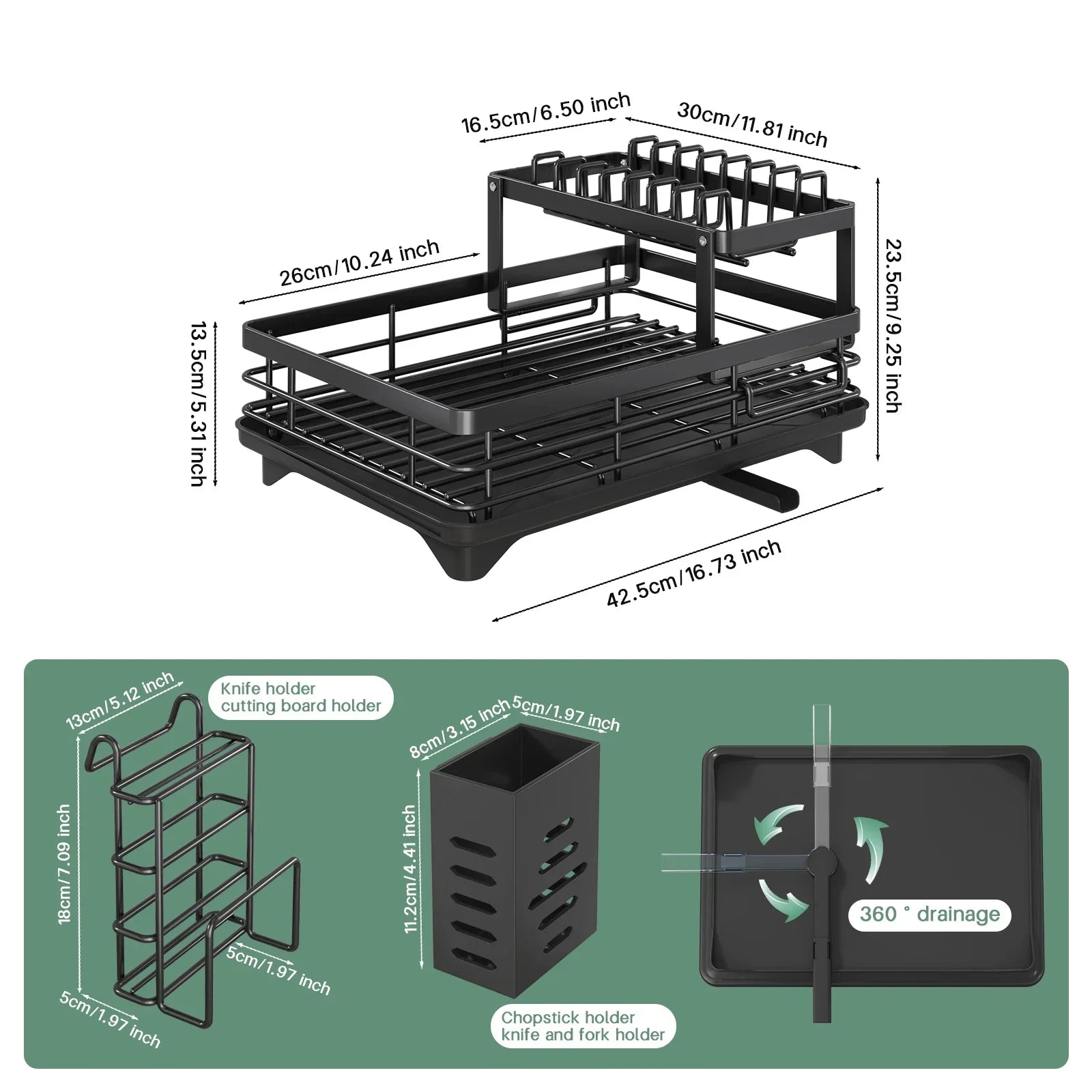 Black dish rack with dimensions and feature illustrations on a white background