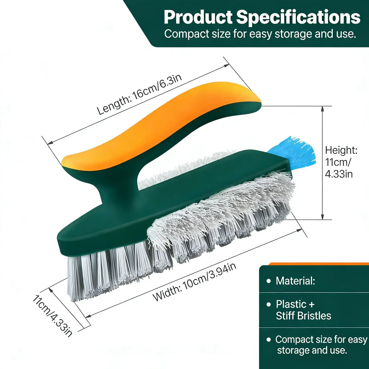 Cleaning brush with measurements and product specifications on a white background