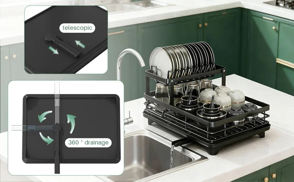 Black dish rack with telescopic design and 360-degree drainage feature on a kitchen counter.