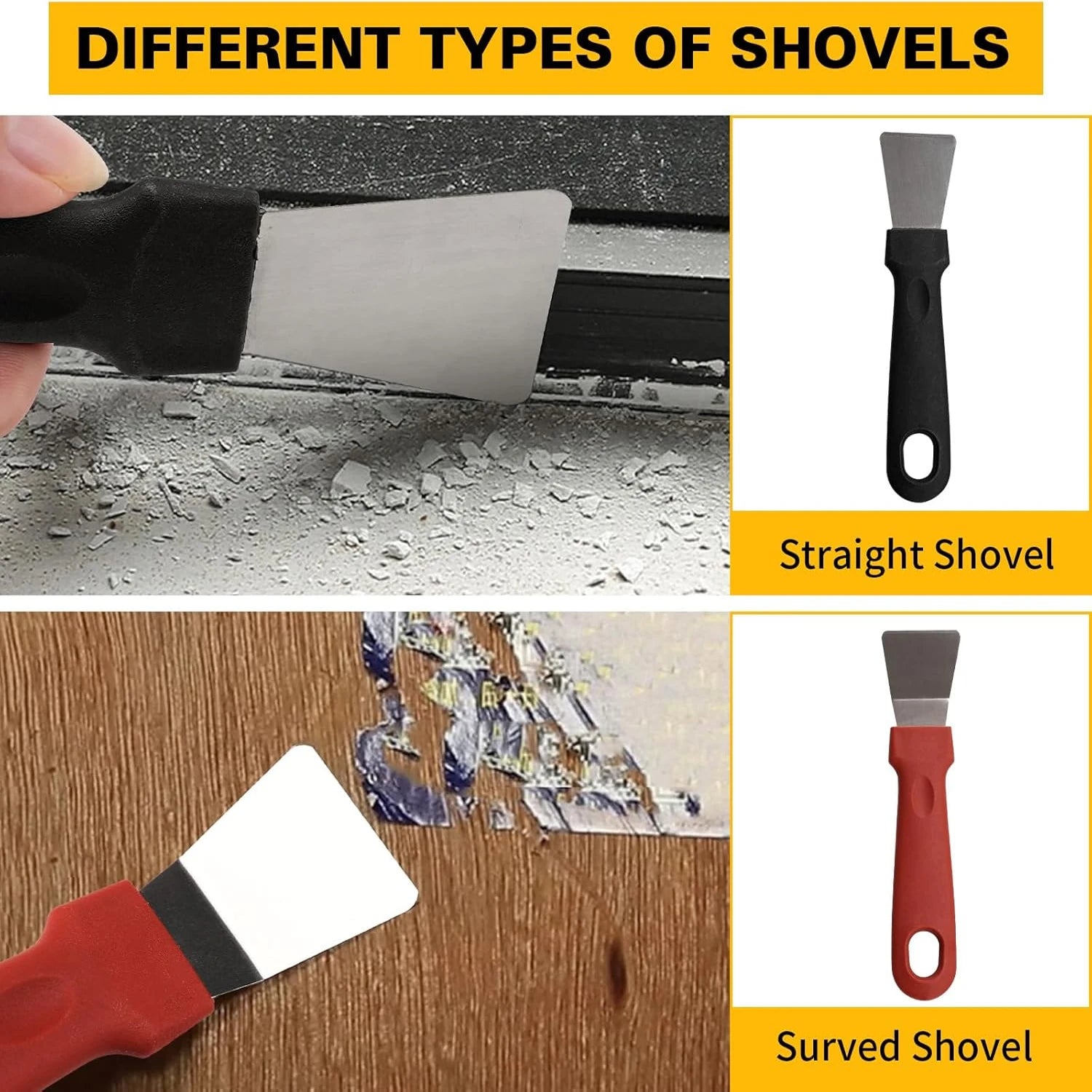 Comparison of straight and curved shovels with text 'Different Types of Shovels' at the top.
