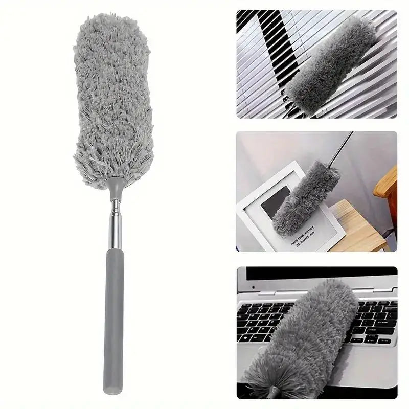 Gray feather duster with a telescopic handle on a white background, used for cleaning various surfaces.