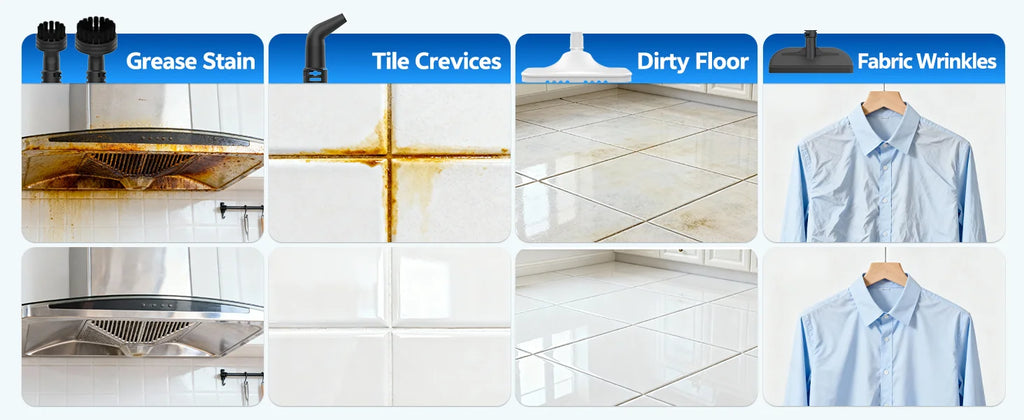 Collage of cleaning scenarios including grease stain, tile crevices, dirty floor, and fabric wrinkles.