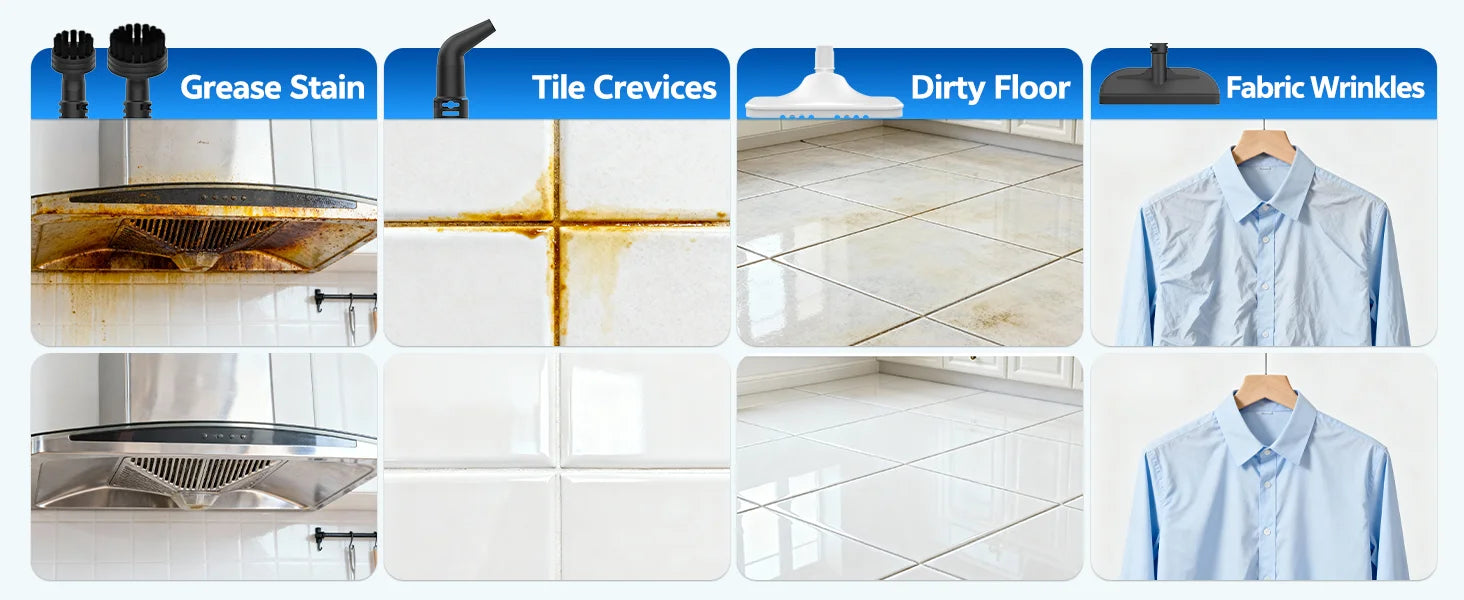 Collage of cleaning scenarios including grease stain, tile crevices, dirty floor, and fabric wrinkles.