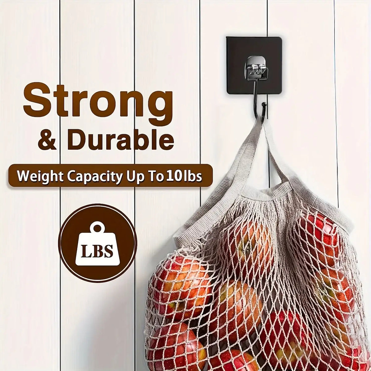 Net bag with fruits hanging on a hook with 'Strong & Durable' text and weight capacity label.