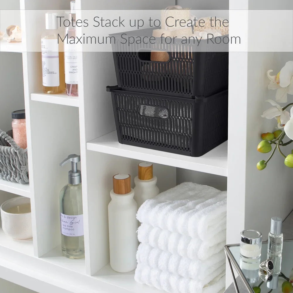 White shelves with storage totes and bathroom products, text overlay about maximizing space.