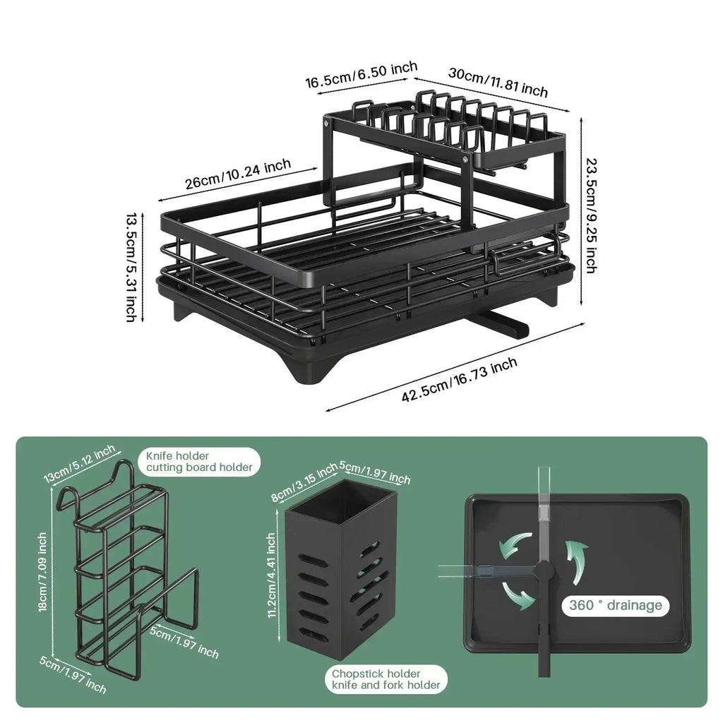 Black dish rack with dimensions and feature illustrations on a white background