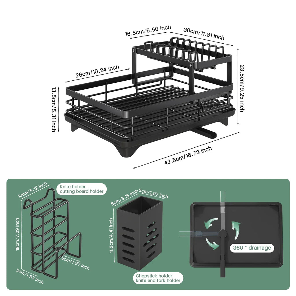Black dish rack with dimensions and feature illustrations on a white background