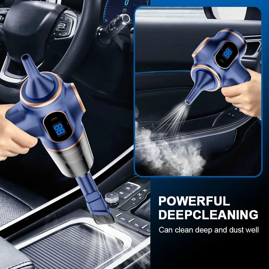 Car cleaning tool with steam being used inside a car, highlighting its powerful deepcleaning capabilities.