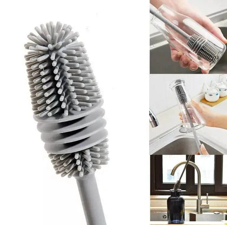 Gray bottle cleaning brush with close-up images of use in a kitchen setting.