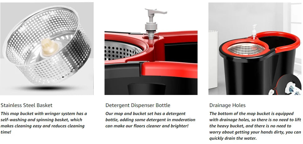 Stainless steel basket, detergent dispenser bottle, and drainage holes of a mop bucket system.