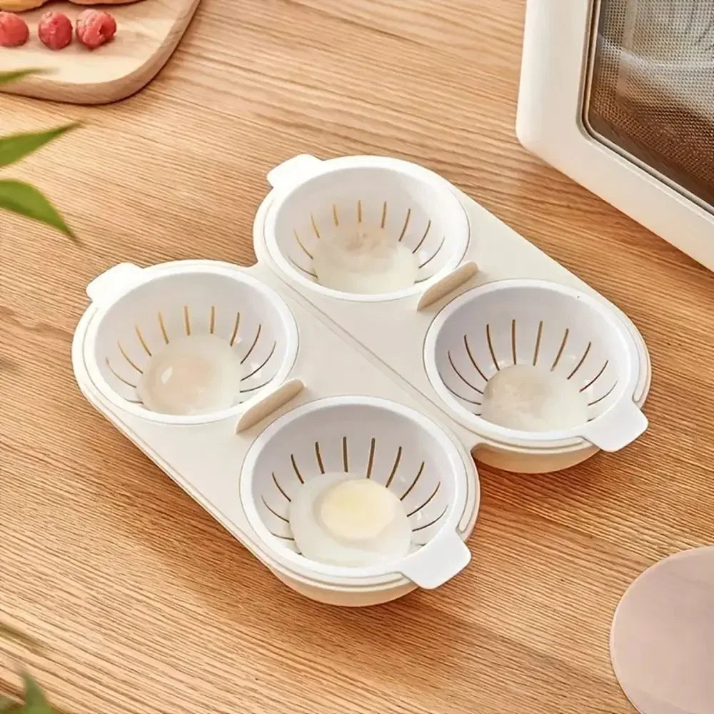 White egg separator with three compartments on a wooden surface
