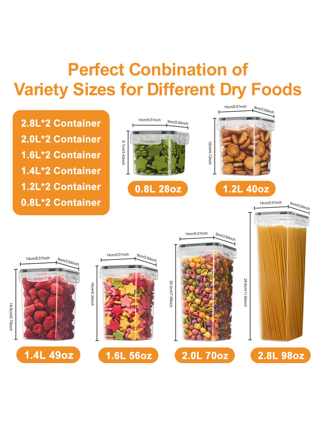 Set of clear food storage containers with labeled capacities and uses on a white background.