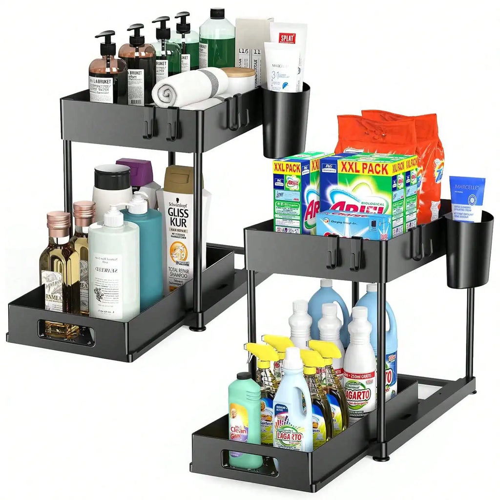Two-tier metal storage rack with various household items on a white background