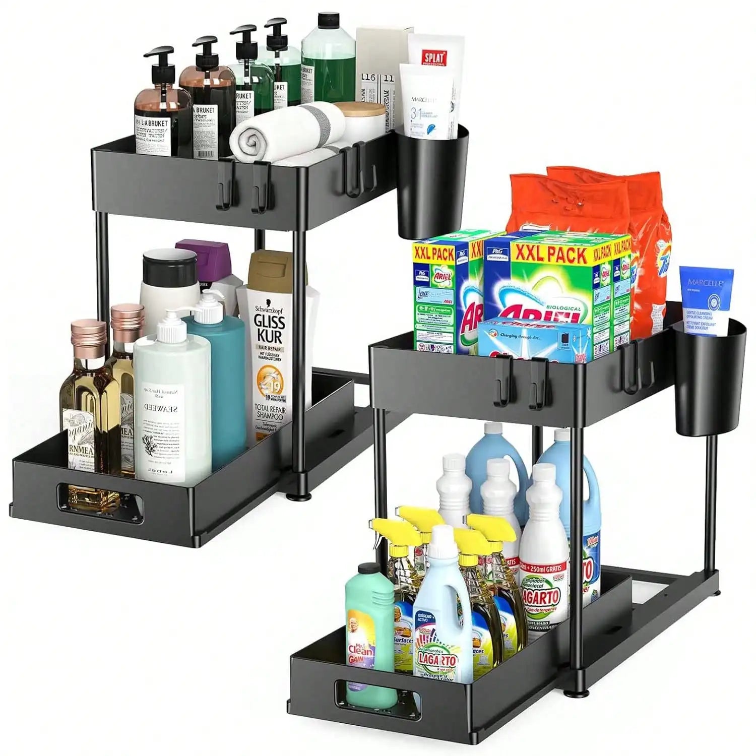 Two-tier metal storage rack with various household items on a white background